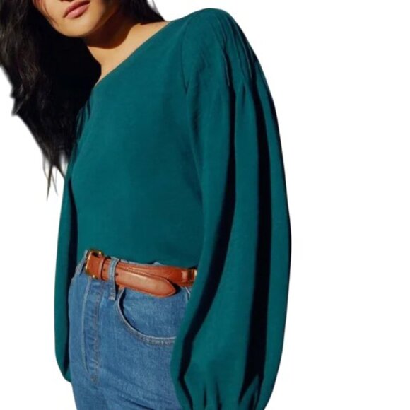 NATION LTD Sabine Balloon Sleeve Top Organic Cotton Pintuck Shoulder Teal Size M - Picture 3 of 16